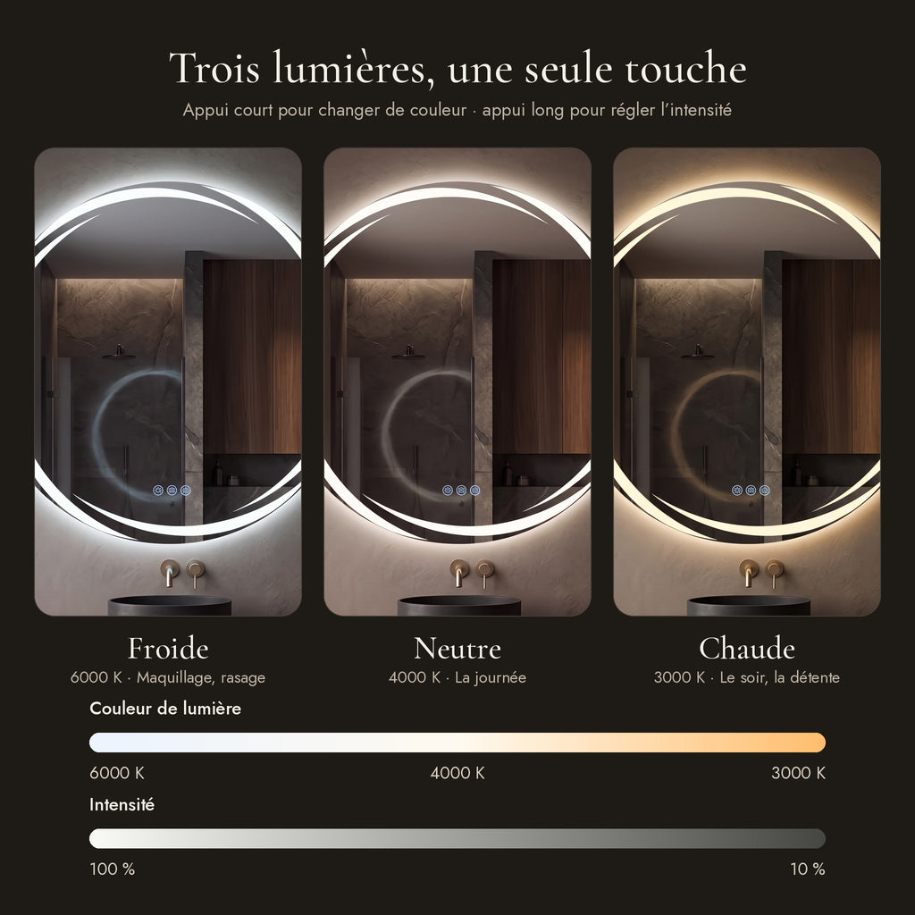 L'Aube, miroir LED rond à arcs lumineux — les trois lumières (6000 K, 4000 K, 3000 K) et l’intensité réglable
