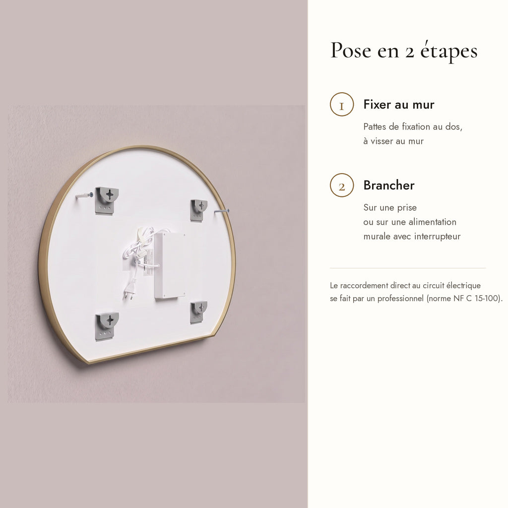 Le Dôme, miroir LED demi-lune doré — pose en 2 étapes