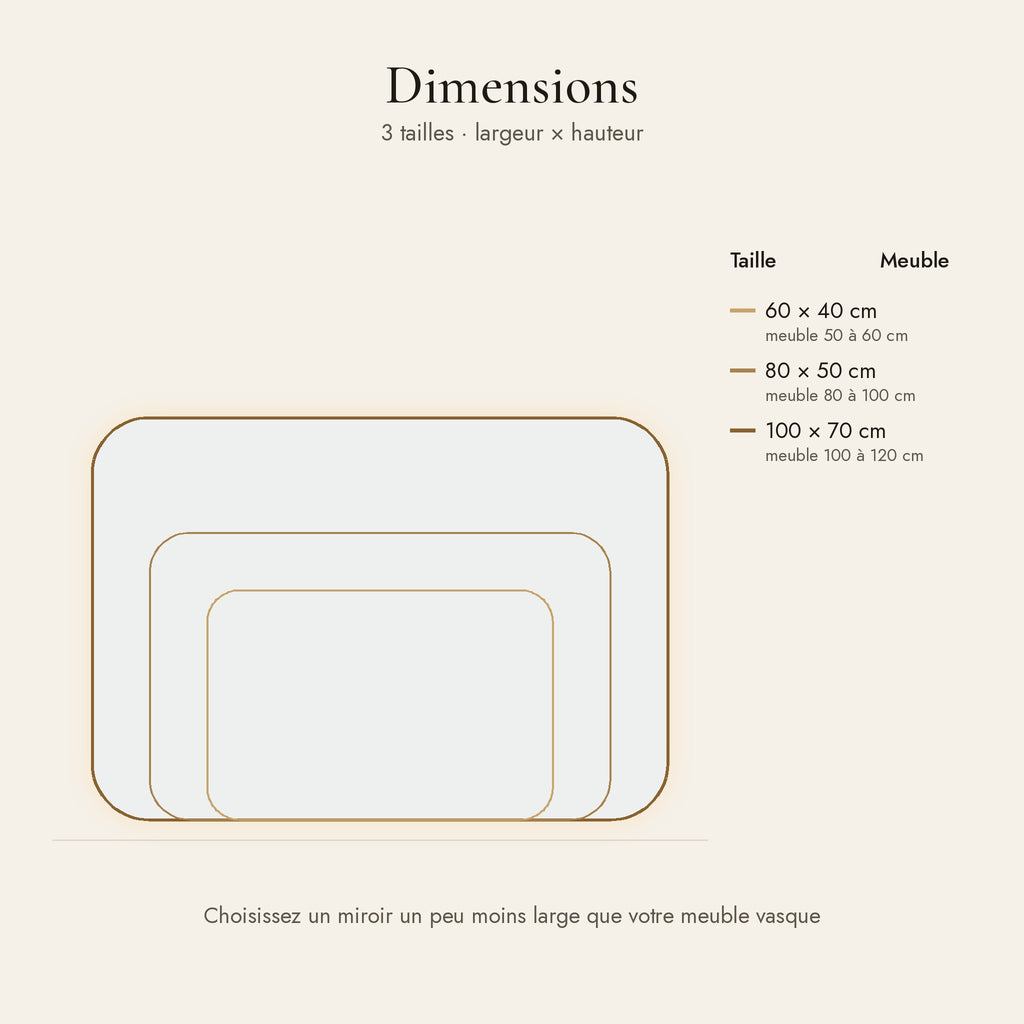 Le Cocon, miroir LED angles arrondis doré — dimensions et tailles disponibles