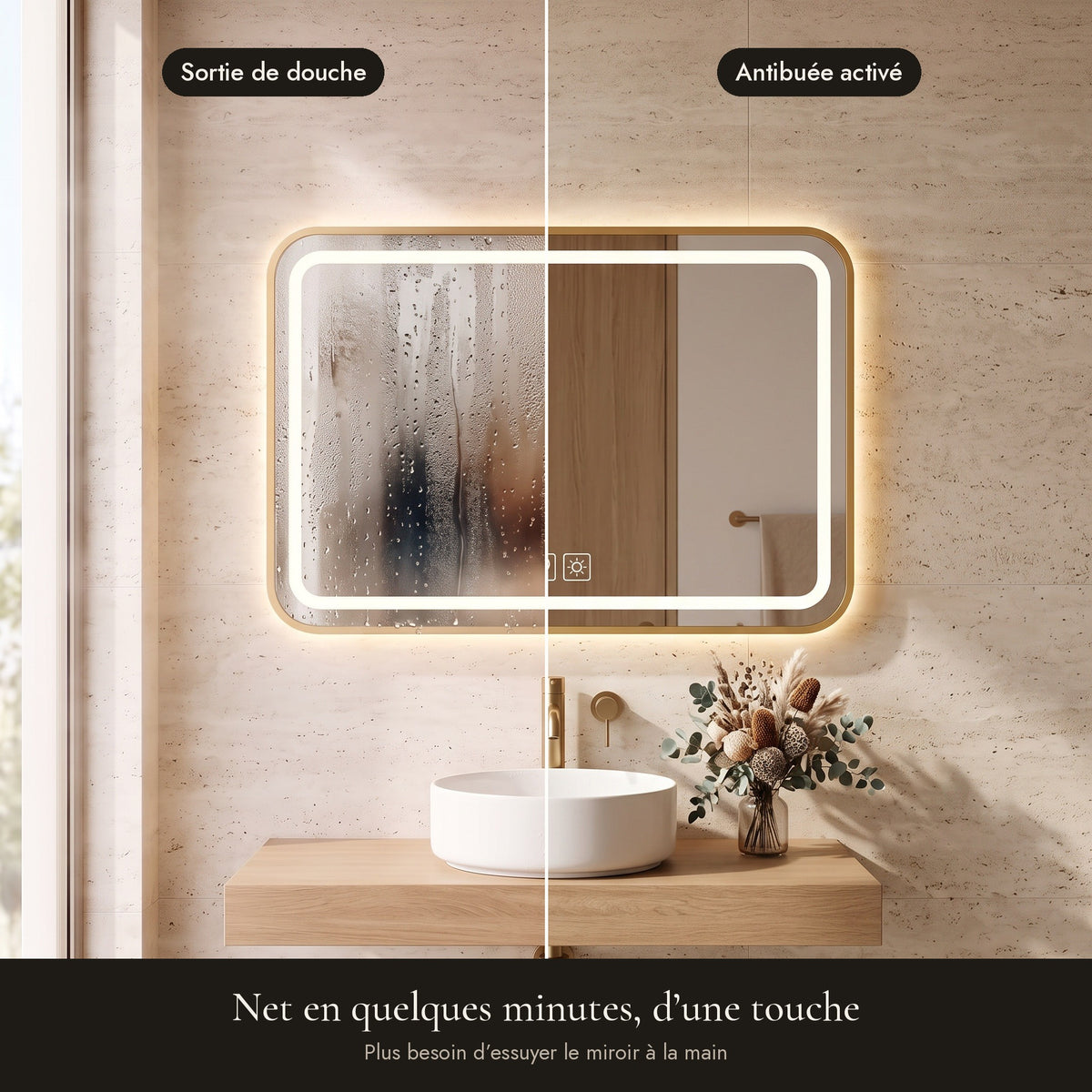 Le Cocon, miroir LED angles arrondis doré — antibuée avant / après