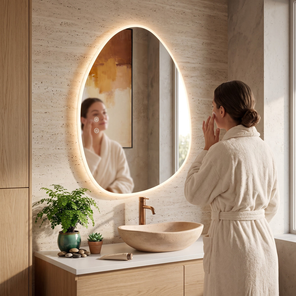 Le Galet en usage dans une salle de bain en chêne et travertin