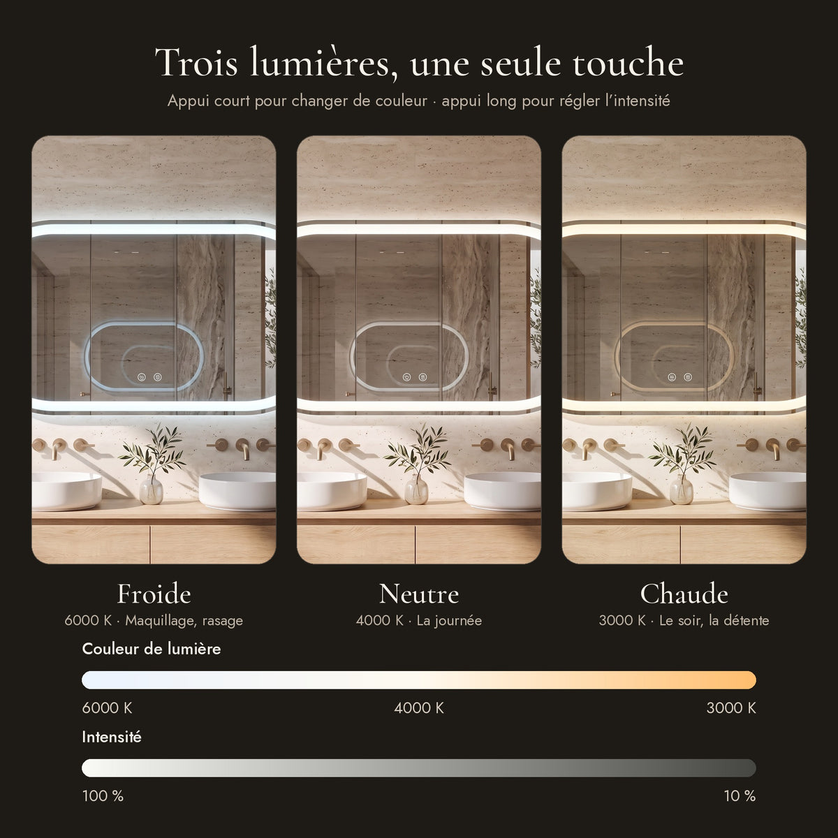 L'Ovale, miroir LED ovale — les trois lumières (6000 K, 4000 K, 3000 K) et l’intensité réglable