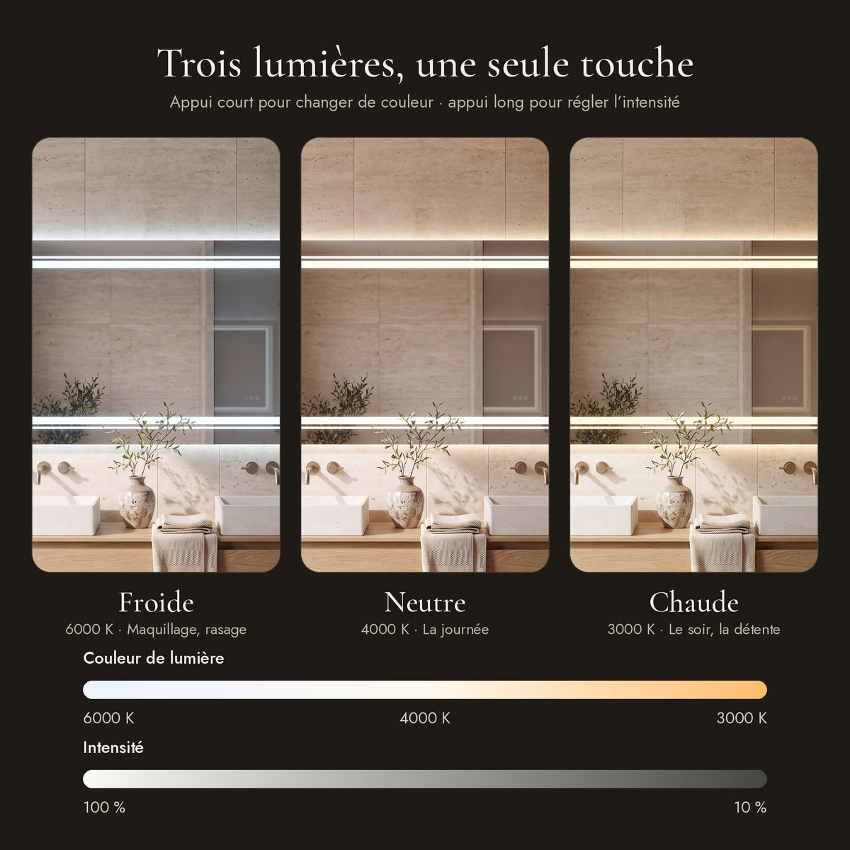 Le Grand Studio, grand miroir LED rectangulaire — les trois lumières (6000 K, 4000 K, 3000 K) et l’intensité réglable