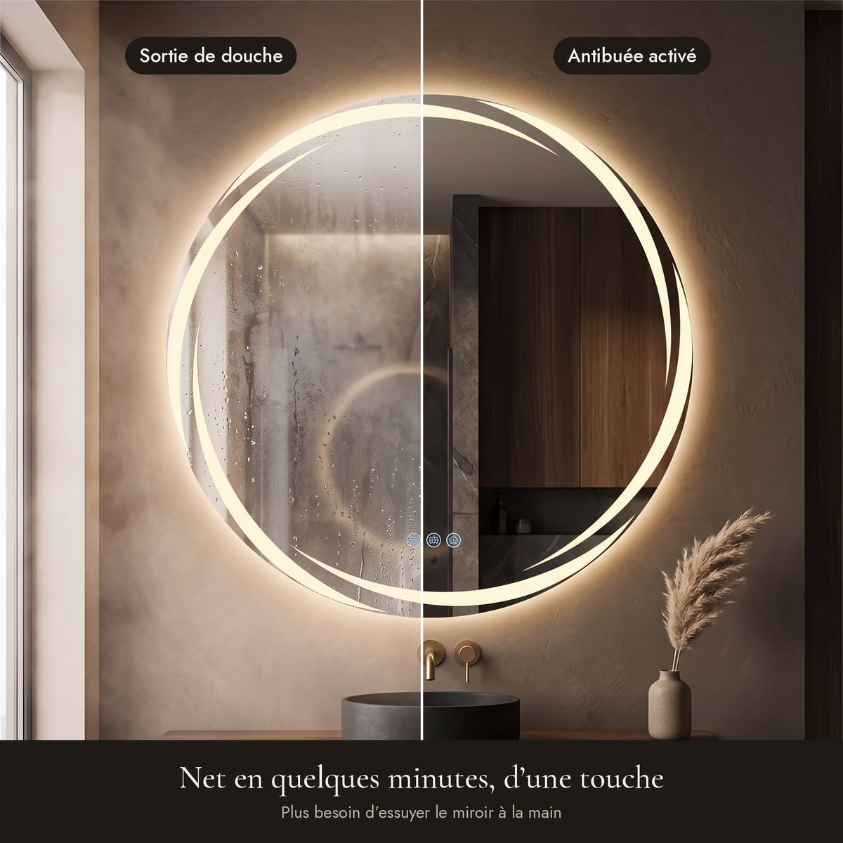 L'Aube, miroir LED rond à arcs lumineux — antibuée avant / après