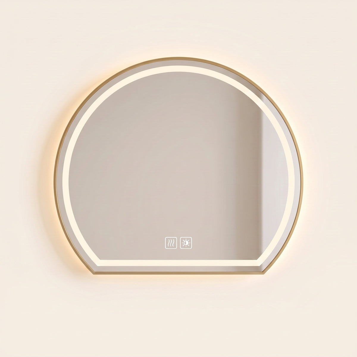 Le Dôme, miroir LED demi-lune doré — vue de face sur fond ivoire