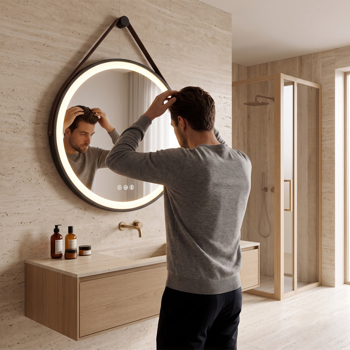 Le Loft, miroir LED rond à lanière cuir — en usage