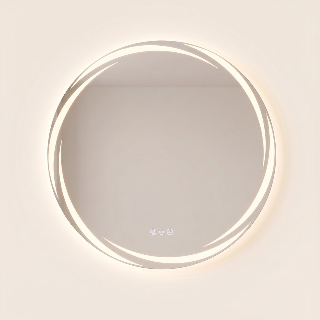 L'Aube, miroir LED rond à arcs lumineux — vue de face sur fond ivoire