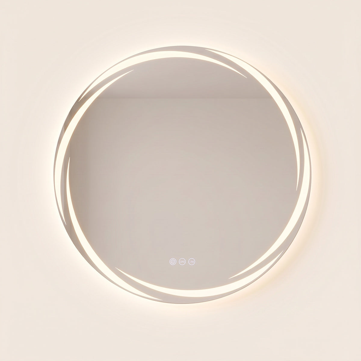 L'Aube, miroir LED rond à arcs lumineux — vue de face sur fond ivoire
