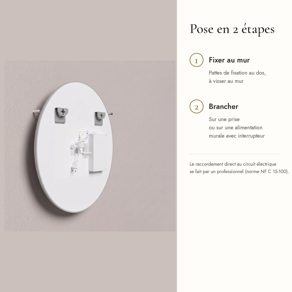 L'Aube, miroir LED rond à arcs lumineux — pose en 2 étapes