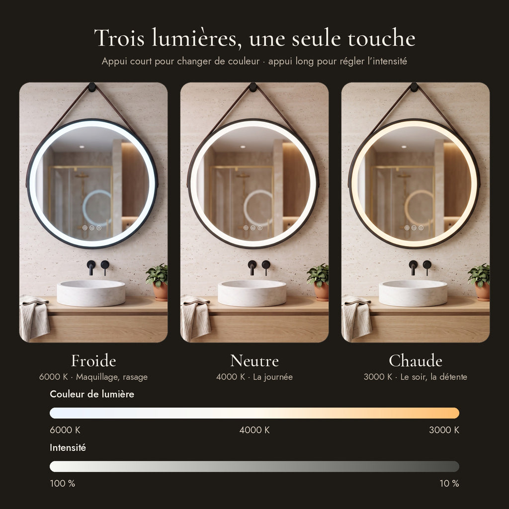 Le Loft, miroir LED rond à lanière cuir — les trois lumières (6000 K, 4000 K, 3000 K) et l’intensité réglable