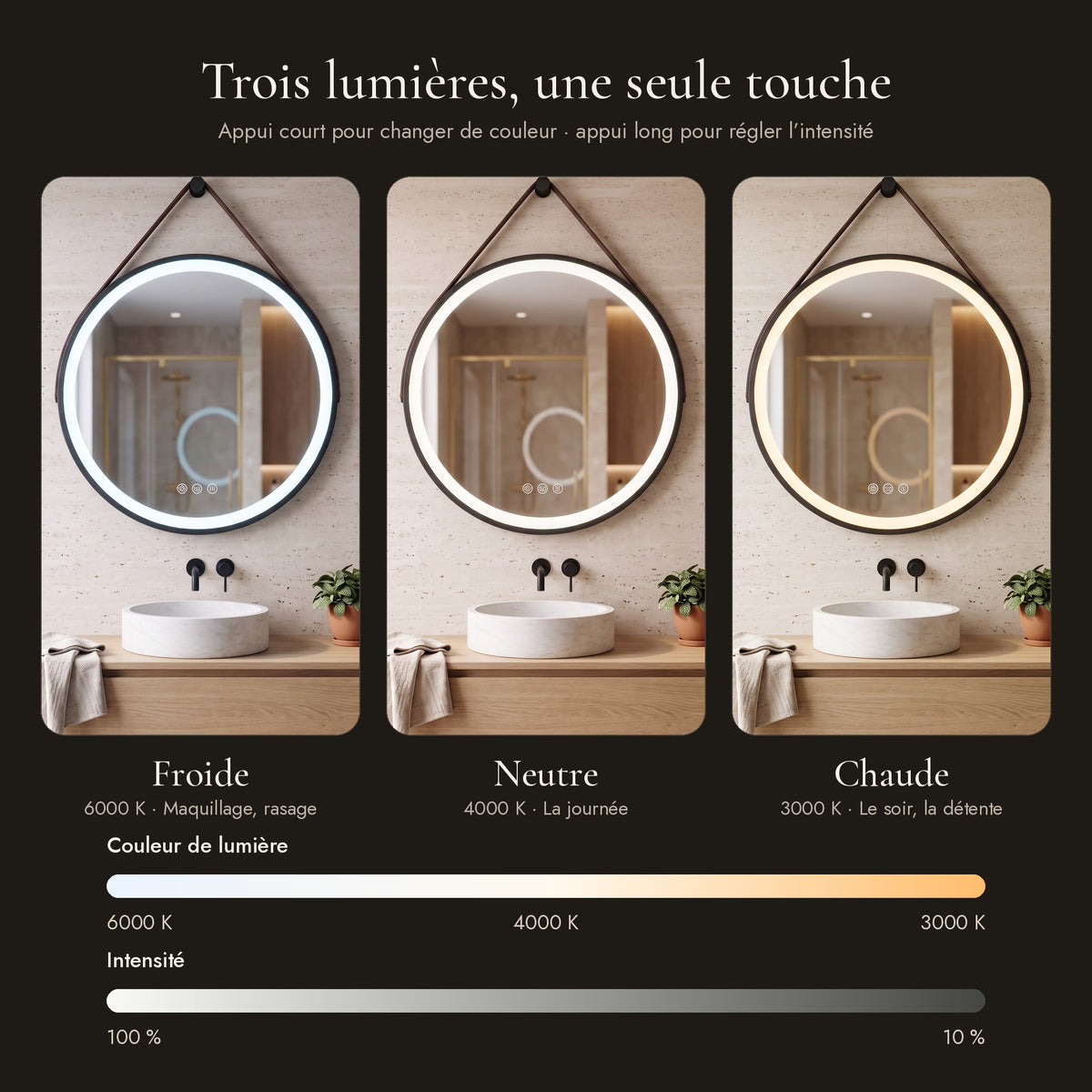 Le Loft, miroir LED rond à lanière cuir — les trois lumières (6000 K, 4000 K, 3000 K) et l’intensité réglable