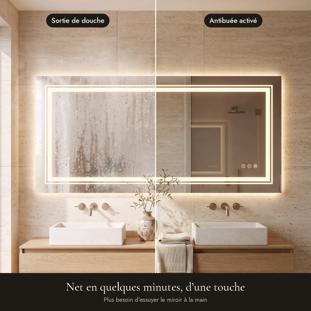 Le Grand Studio, grand miroir LED rectangulaire — antibuée avant / après
