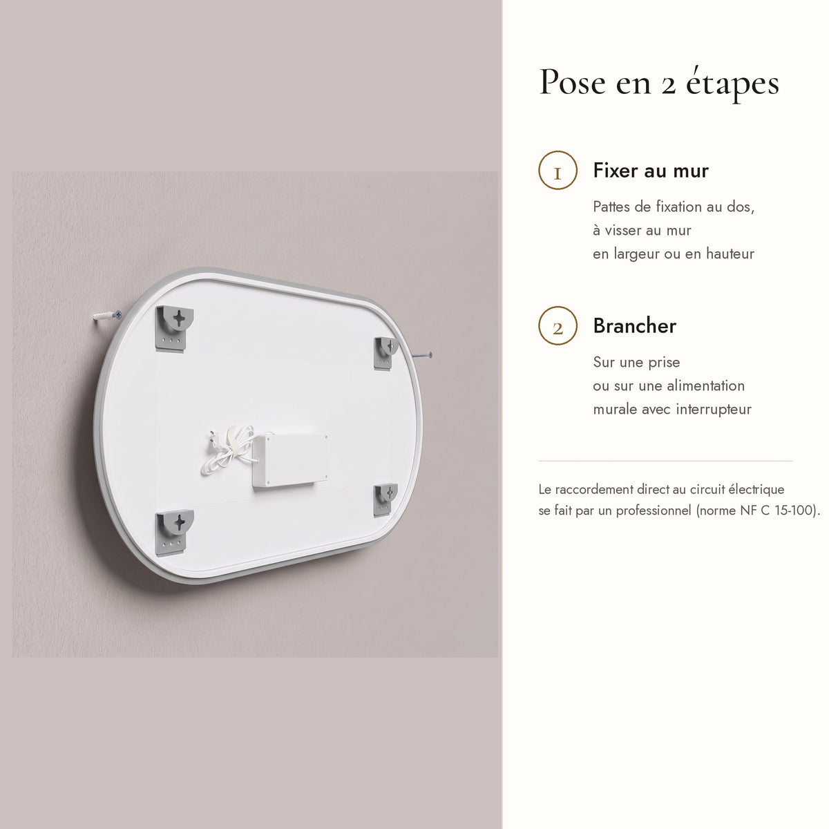 L'Ovale, miroir LED ovale — pose en 2 étapes