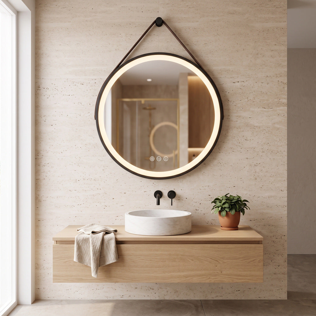 Le Loft, miroir LED rond à lanière cuir — allumé dans une salle de bain