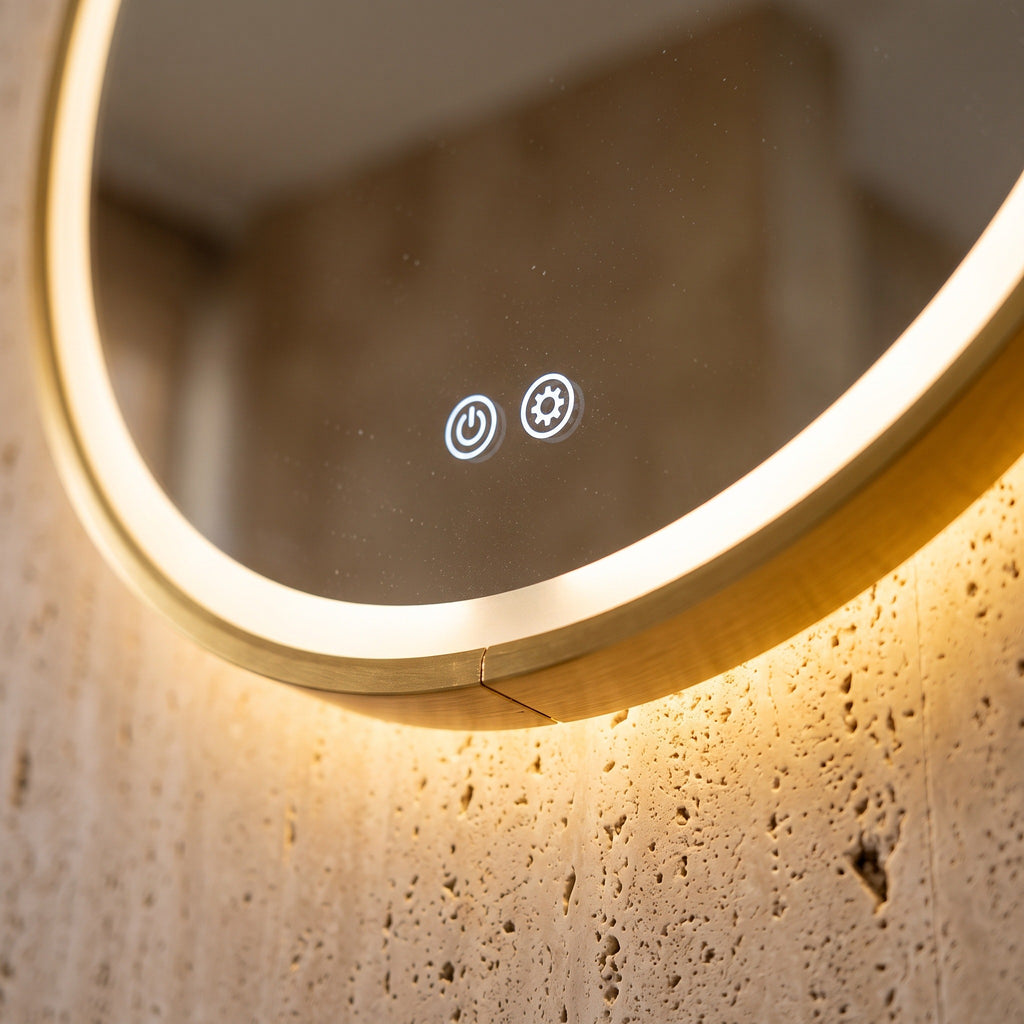 Le Dôme, miroir LED demi-lune doré — détail des touches tactiles et du bord