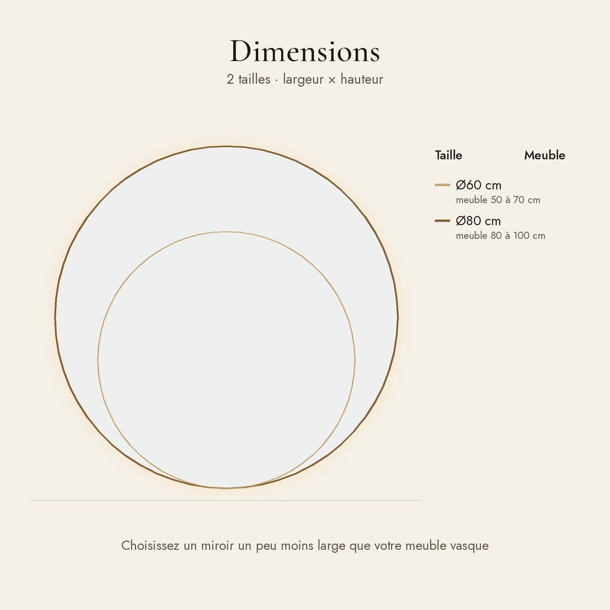 L'Aube, miroir LED rond à arcs lumineux — dimensions et tailles disponibles
