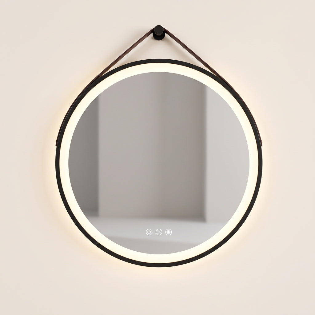 Le Loft, miroir LED rond à lanière cuir — vue de face sur fond ivoire