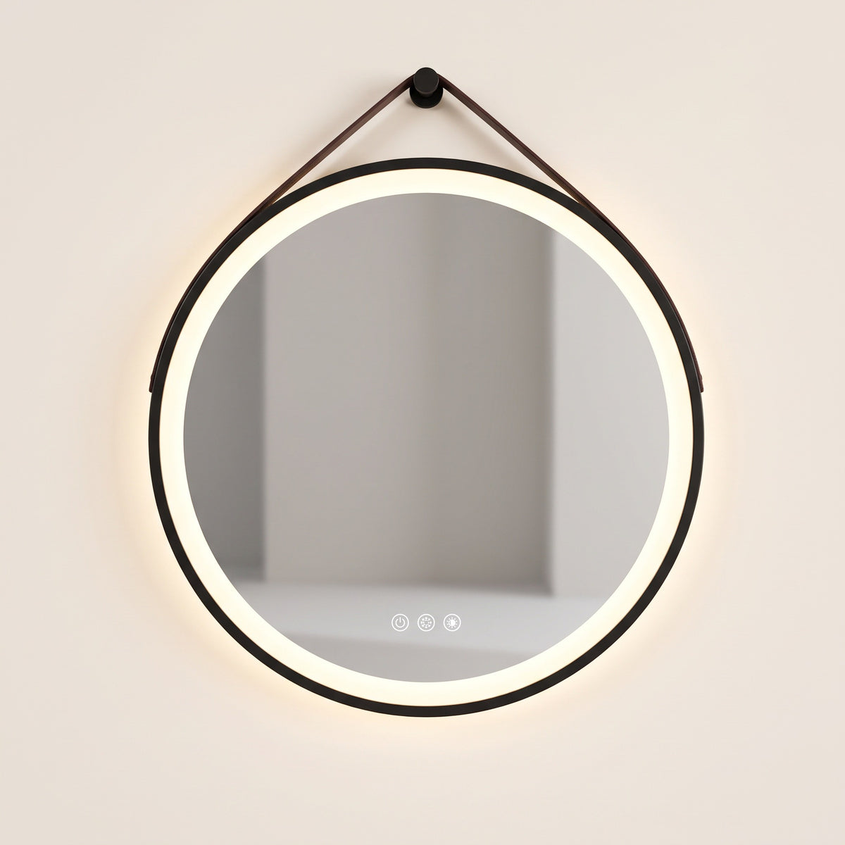 Le Loft, miroir LED rond à lanière cuir — vue de face sur fond ivoire