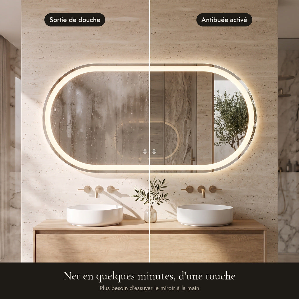 L'Ovale, miroir LED ovale — antibuée avant / après