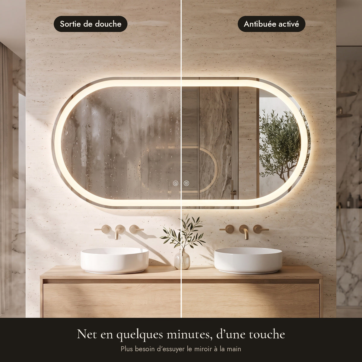 L'Ovale, miroir LED ovale — antibuée avant / après