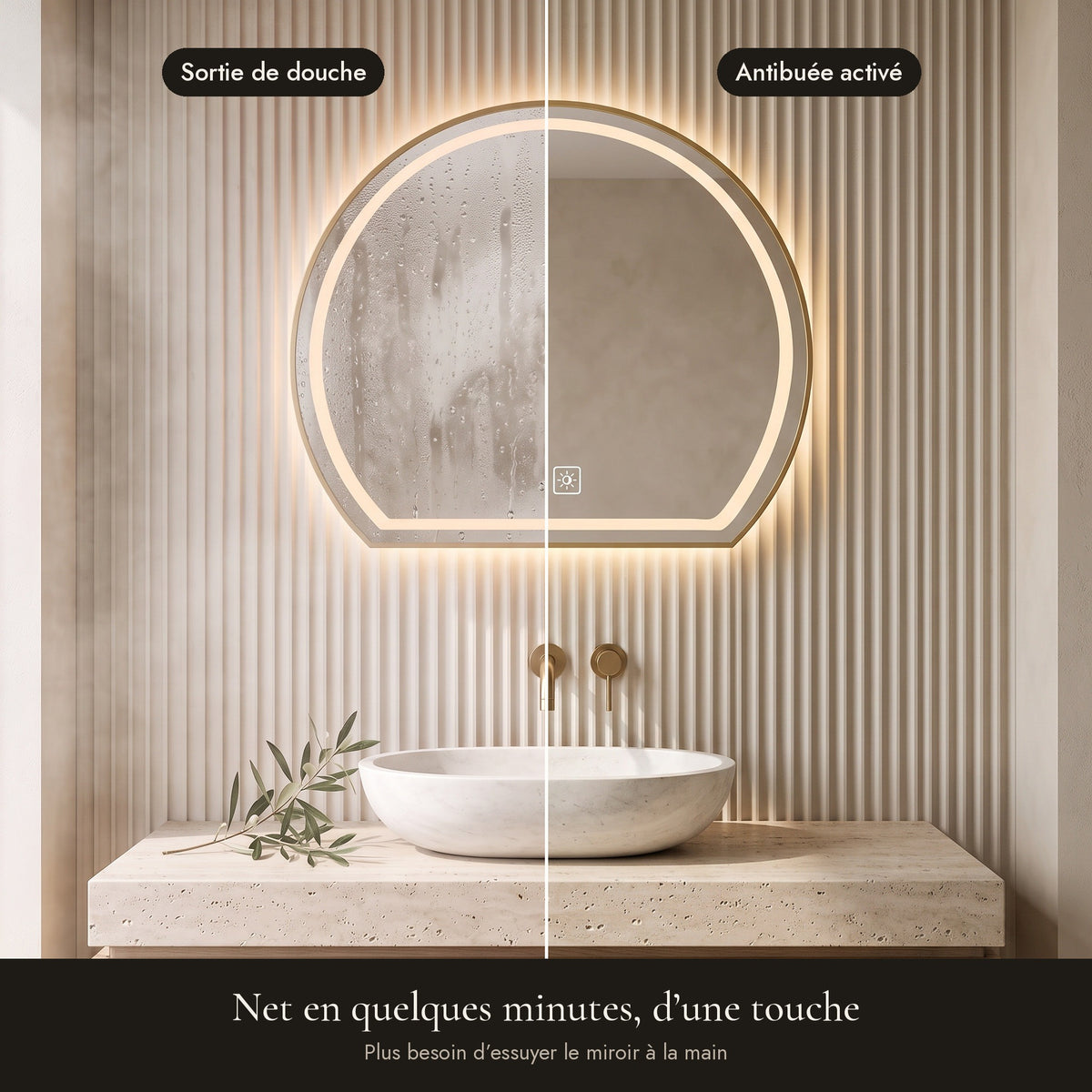 Le Dôme, miroir LED demi-lune doré — antibuée avant / après