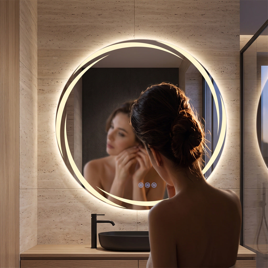 L'Aube, miroir LED rond à arcs lumineux — en usage