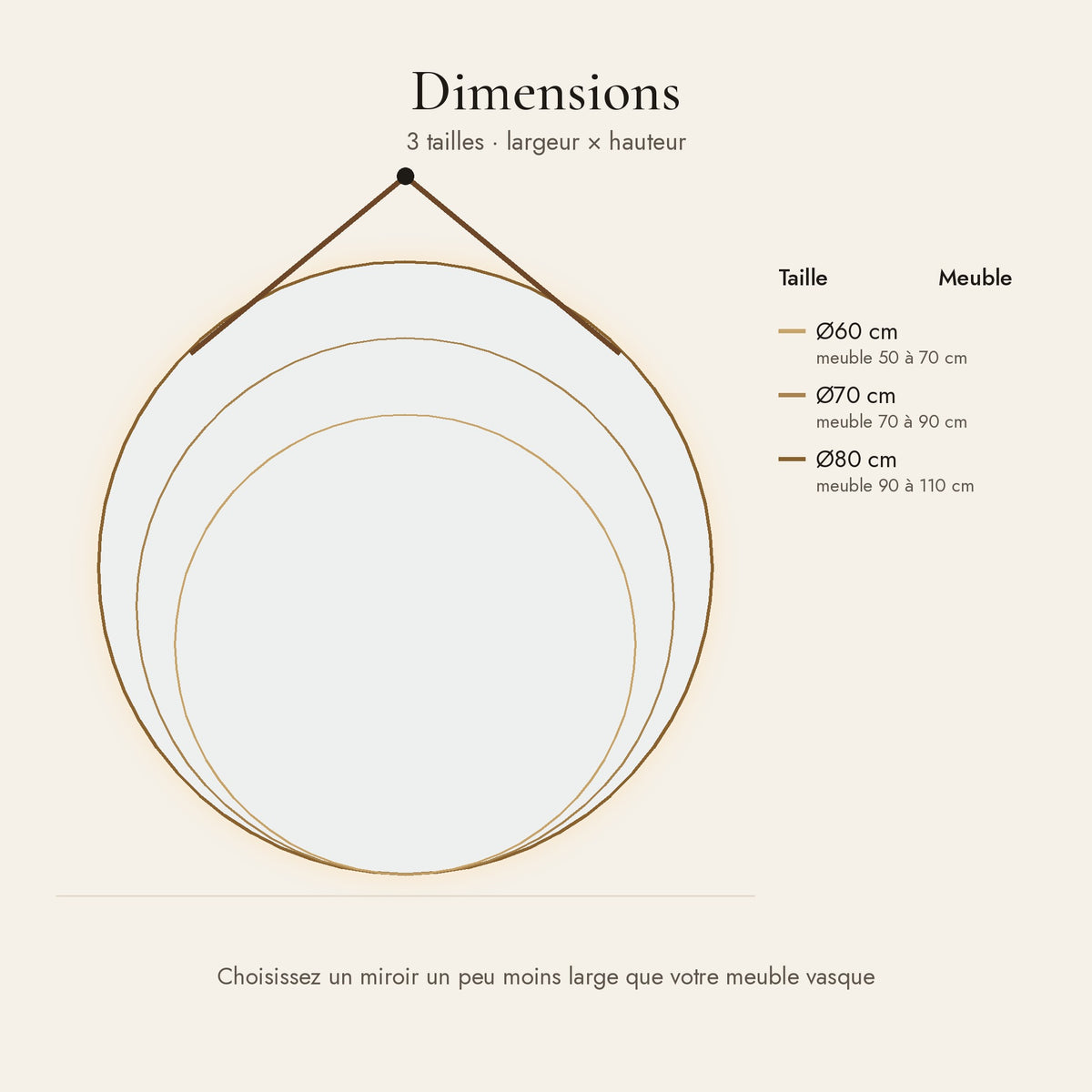 Le Loft, miroir LED rond à lanière cuir — dimensions et tailles disponibles
