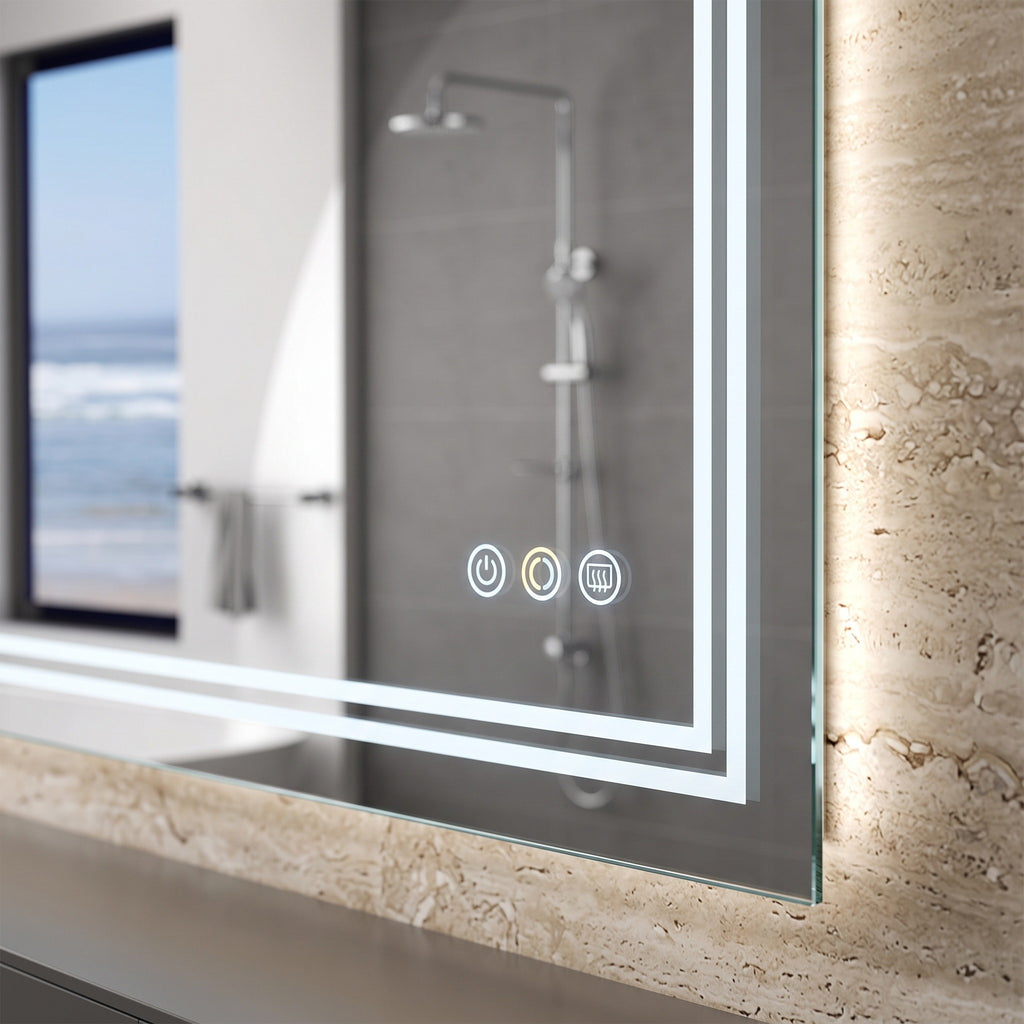 Le Grand Studio, grand miroir LED rectangulaire — détail des touches tactiles et du bord