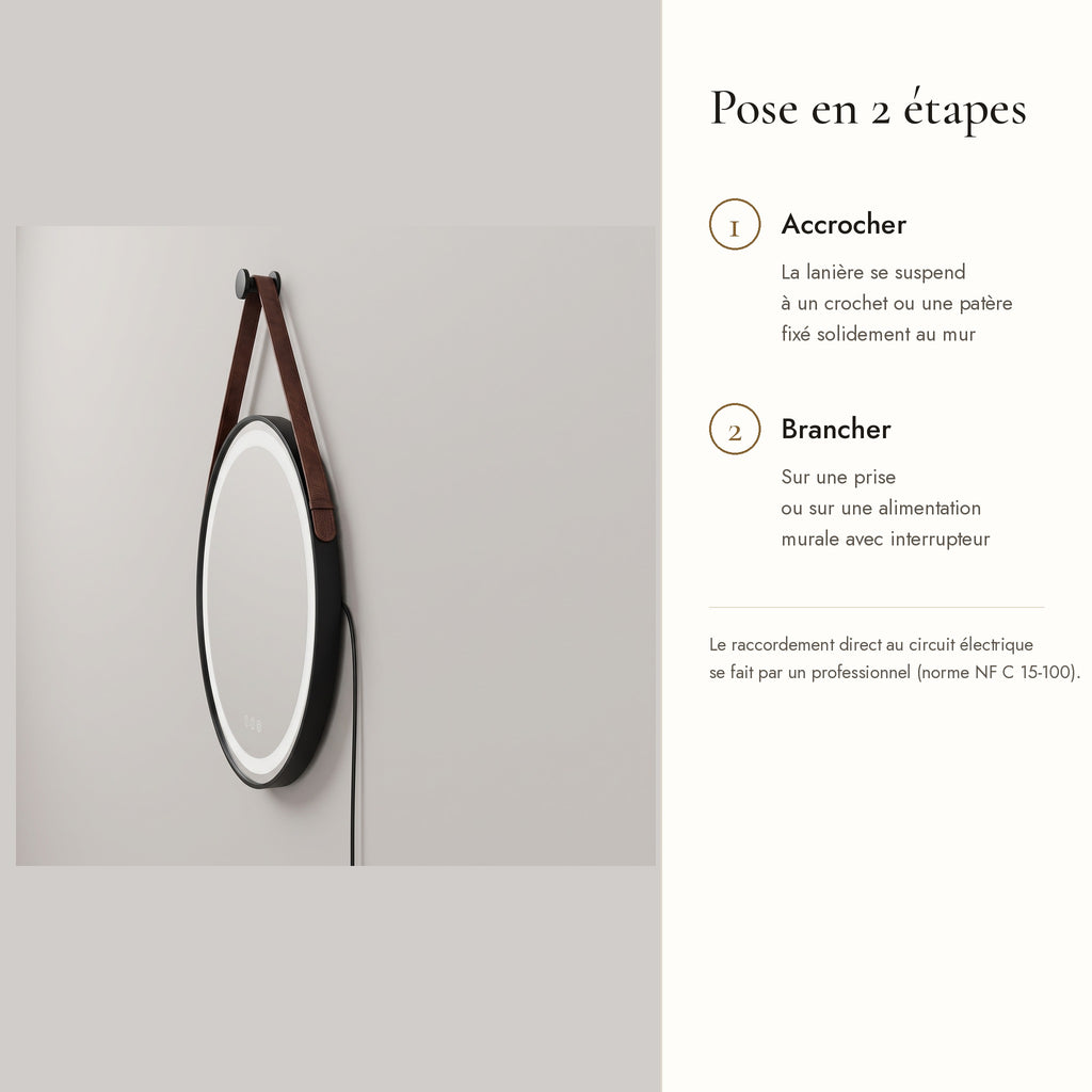 Le Loft, miroir LED rond à lanière cuir — pose en 2 étapes