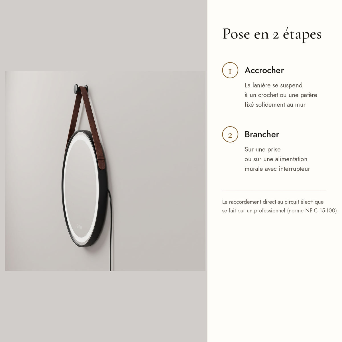 Le Loft, miroir LED rond à lanière cuir — pose en 2 étapes