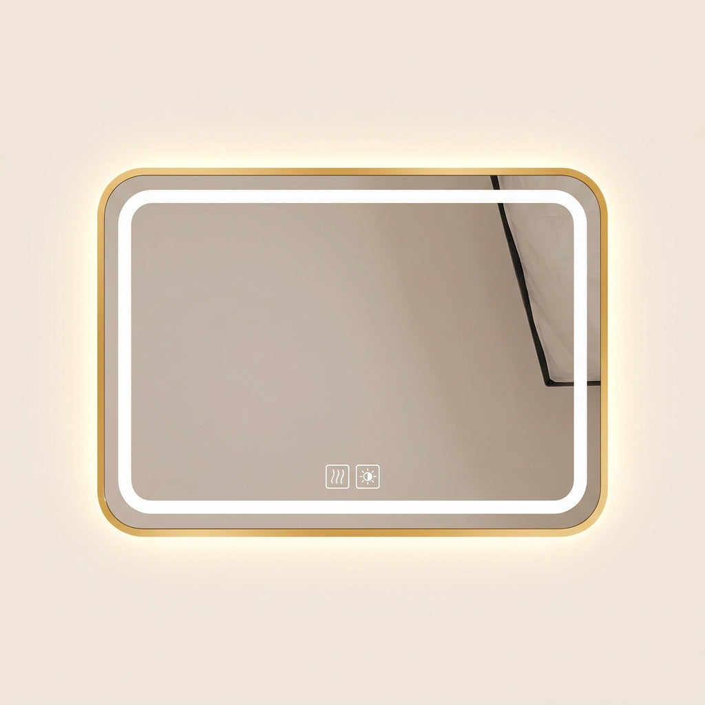 Le Cocon, miroir LED angles arrondis doré — vue de face sur fond ivoire