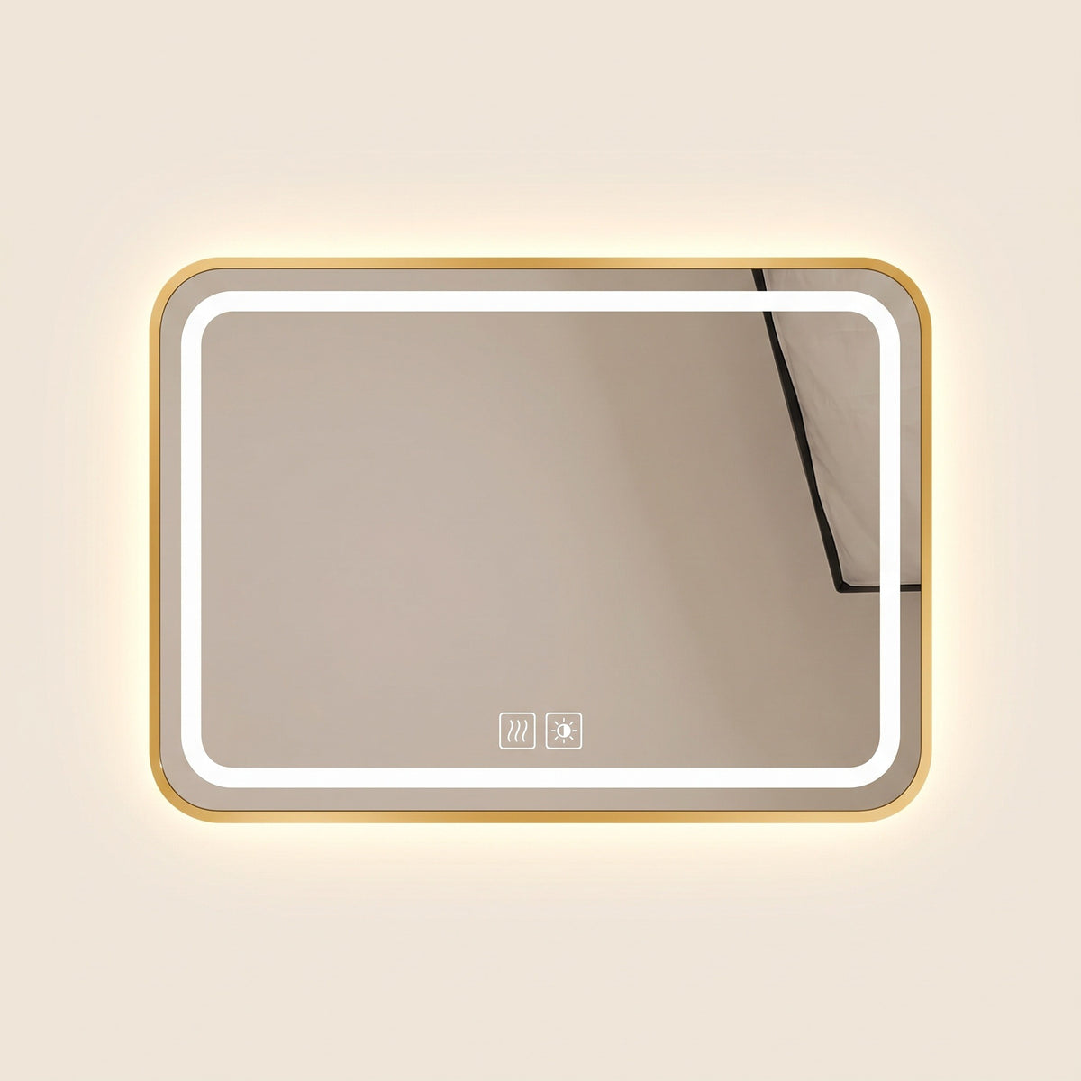 Le Cocon, miroir LED angles arrondis doré — vue de face sur fond ivoire