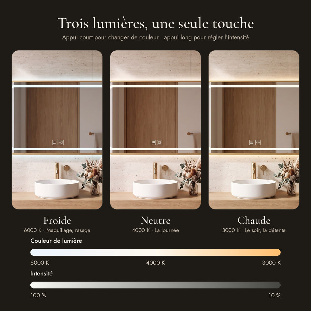 Le Cocon, miroir LED angles arrondis doré — les trois lumières (6000 K, 4000 K, 3000 K) et l’intensité réglable