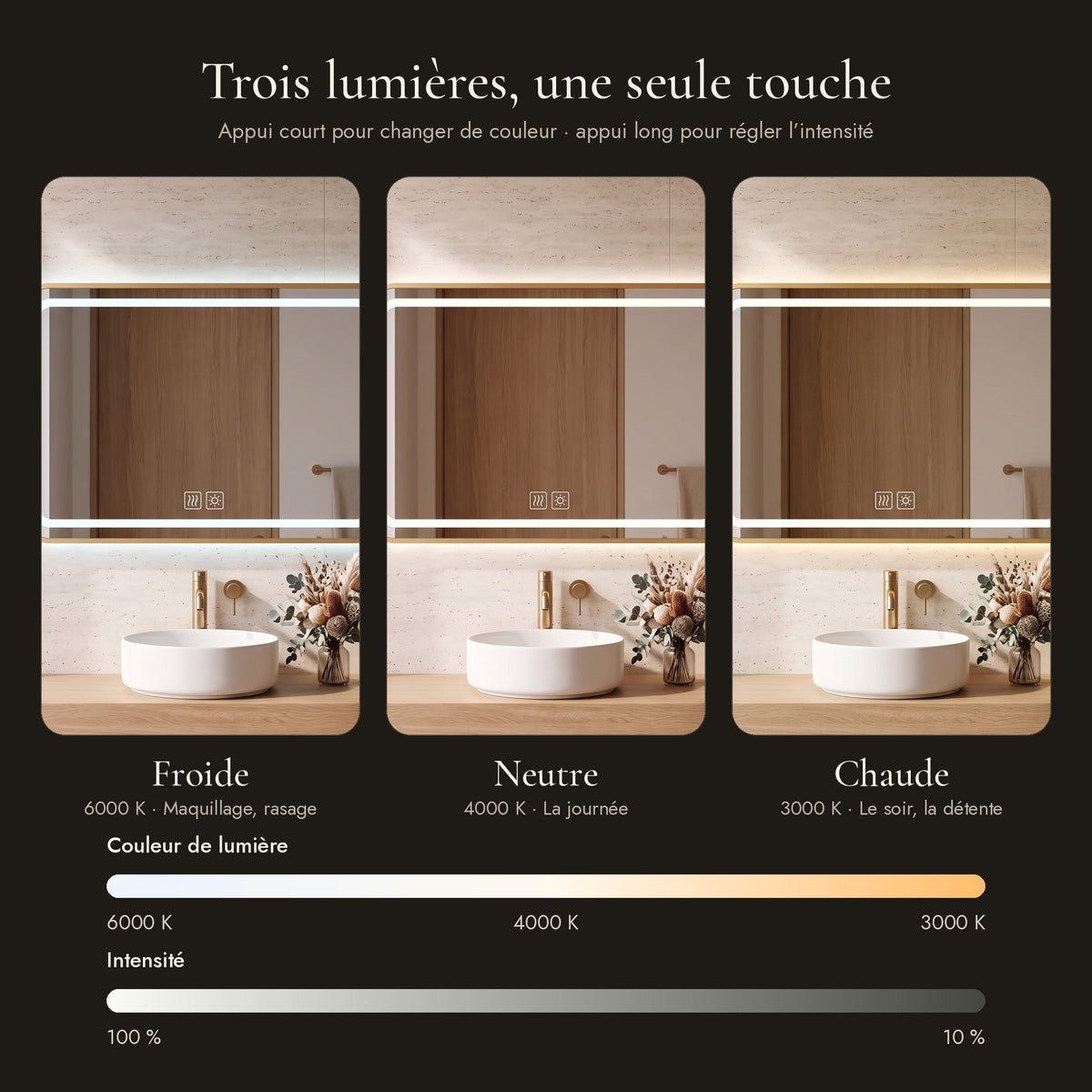 Le Cocon, miroir LED angles arrondis doré — les trois lumières (6000 K, 4000 K, 3000 K) et l’intensité réglable