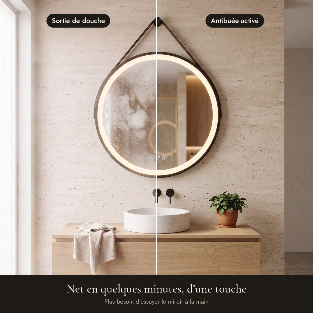 Le Loft, miroir LED rond à lanière cuir — antibuée avant / après