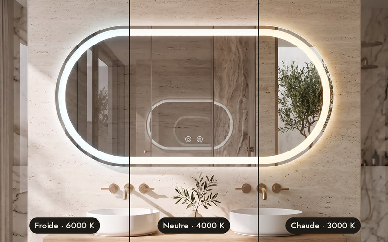 Miroir LED en lumière froide, neutre et chaude