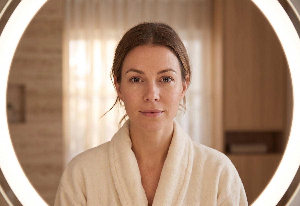 Visage éclairé de face par un miroir LED : teint naturel, sans ombres