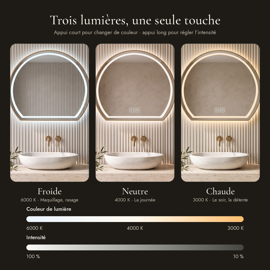 Le Dôme, miroir LED demi-lune doré — les trois lumières (6000 K, 4000 K, 3000 K) et l’intensité réglable