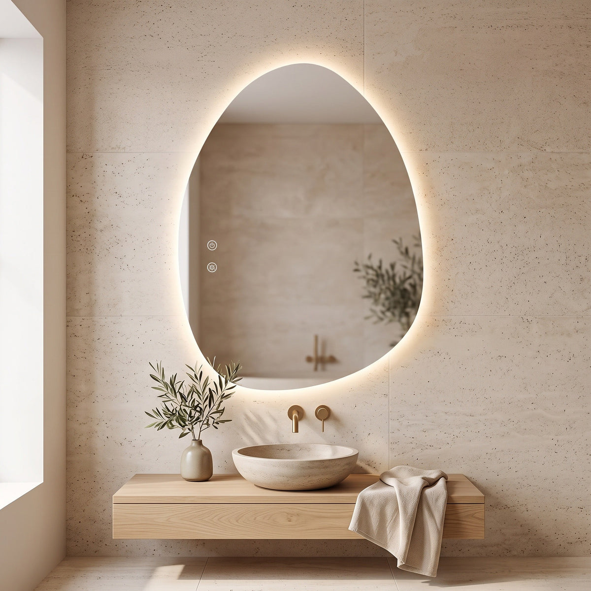 Le Galet, miroir LED asymétrique allumé au-dessus d'une vasque en pierre, mur en travertin