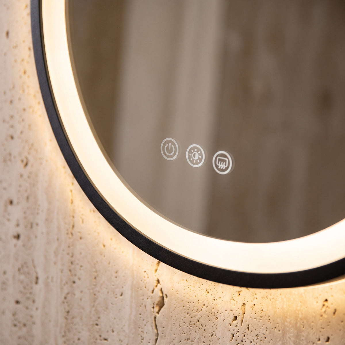 Le Loft, miroir LED rond à lanière cuir — détail des touches tactiles et du bord