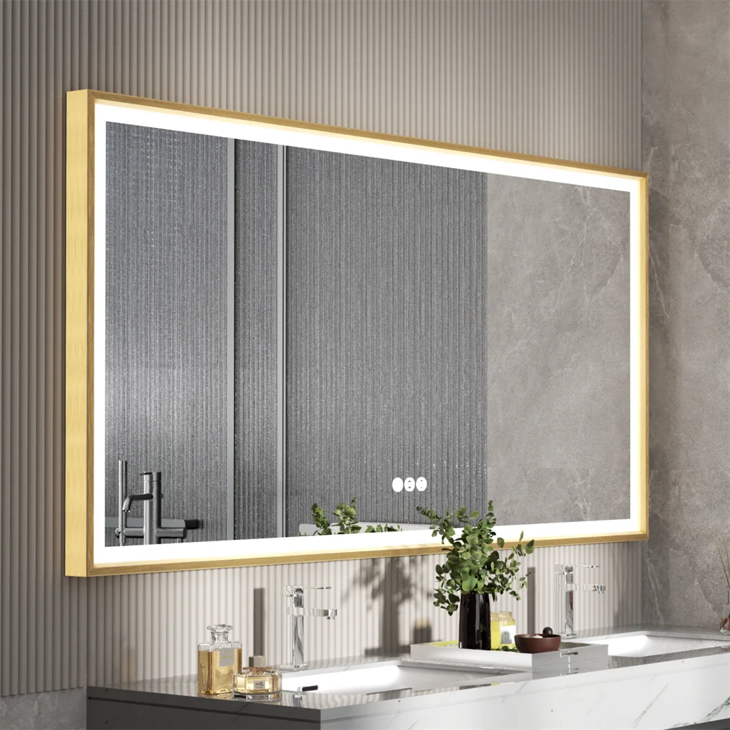 Le Palace, miroir LED rectangulaire à cadre doré, allumé au-dessus d'un plan vasque en marbre