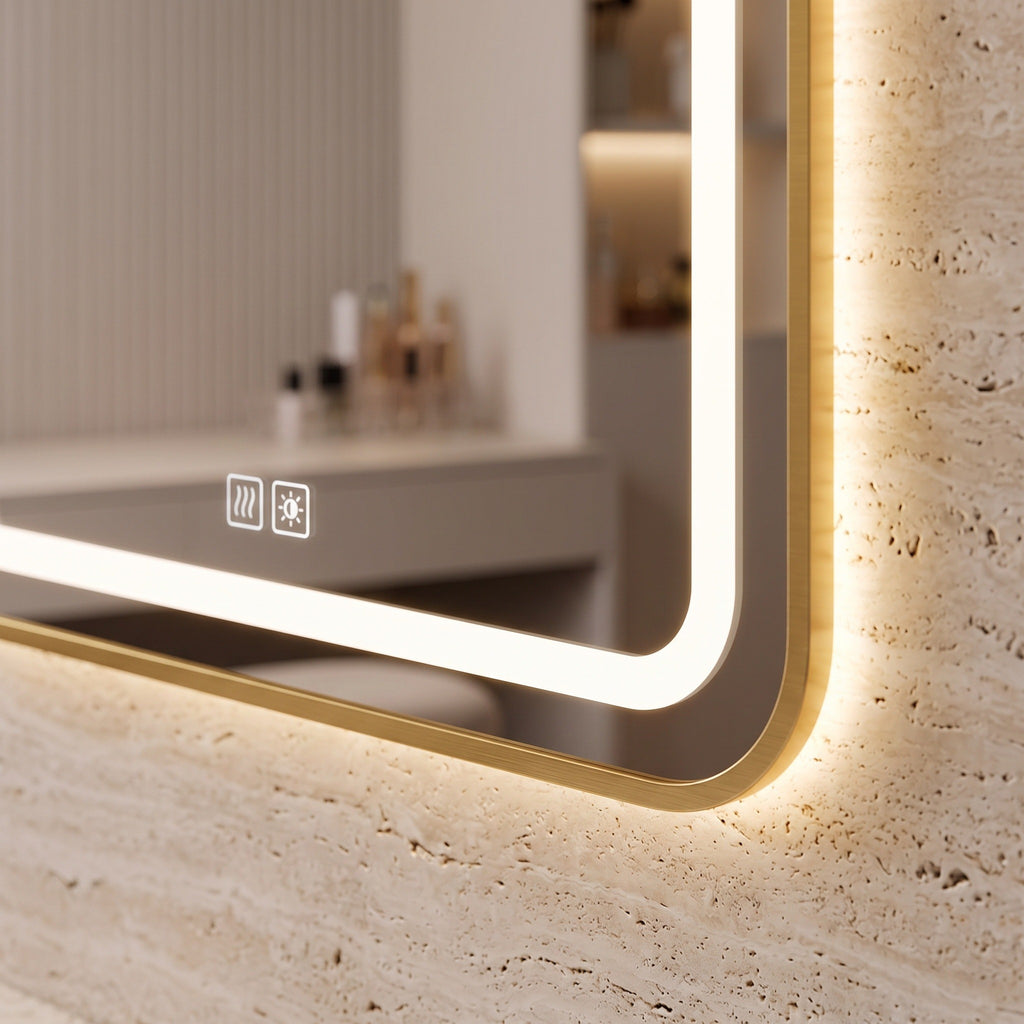 Le Cocon, miroir LED angles arrondis doré — détail des touches tactiles et du bord