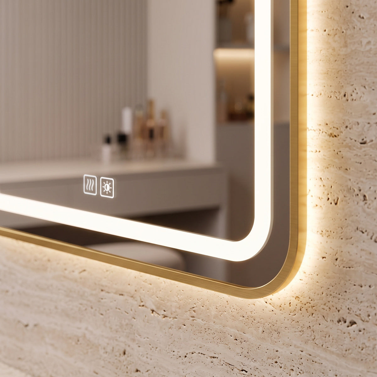 Le Cocon, miroir LED angles arrondis doré — détail des touches tactiles et du bord