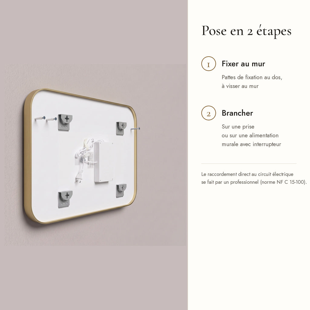 Le Cocon, miroir LED angles arrondis doré — pose en 2 étapes
