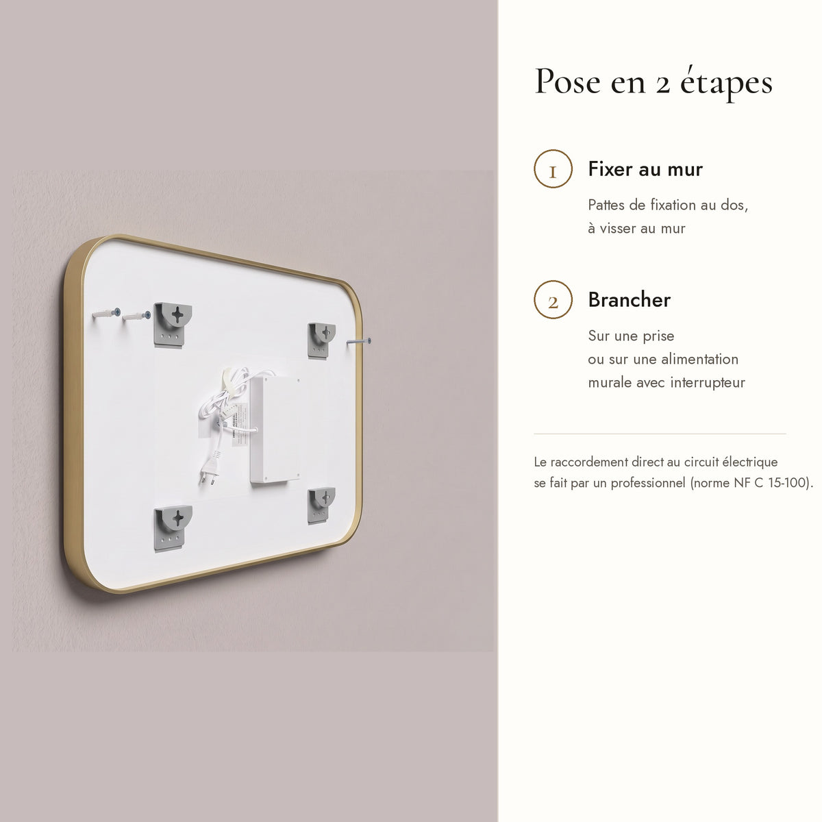 Le Cocon, miroir LED angles arrondis doré — pose en 2 étapes