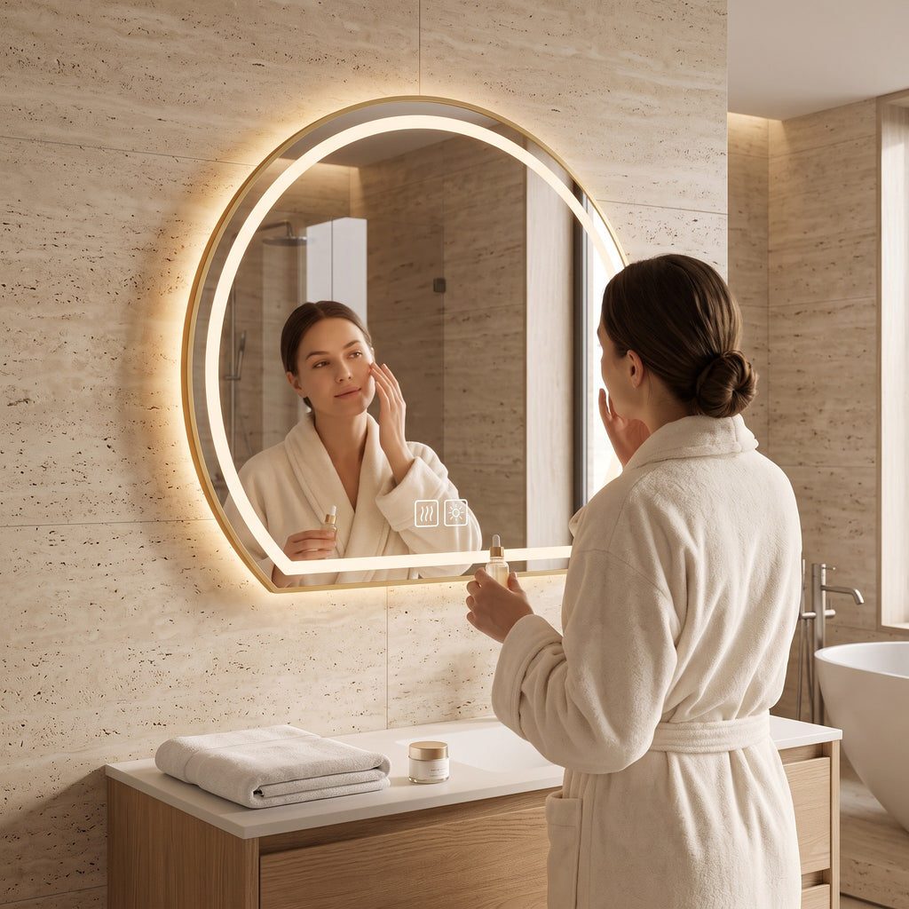Le Dôme, miroir LED demi-lune doré — en usage
