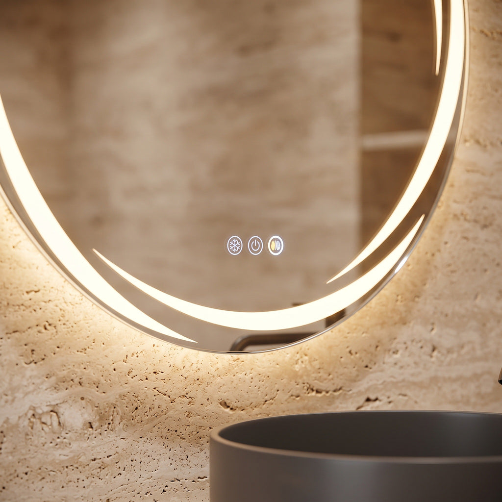 L'Aube, miroir LED rond à arcs lumineux — détail des touches tactiles et du bord