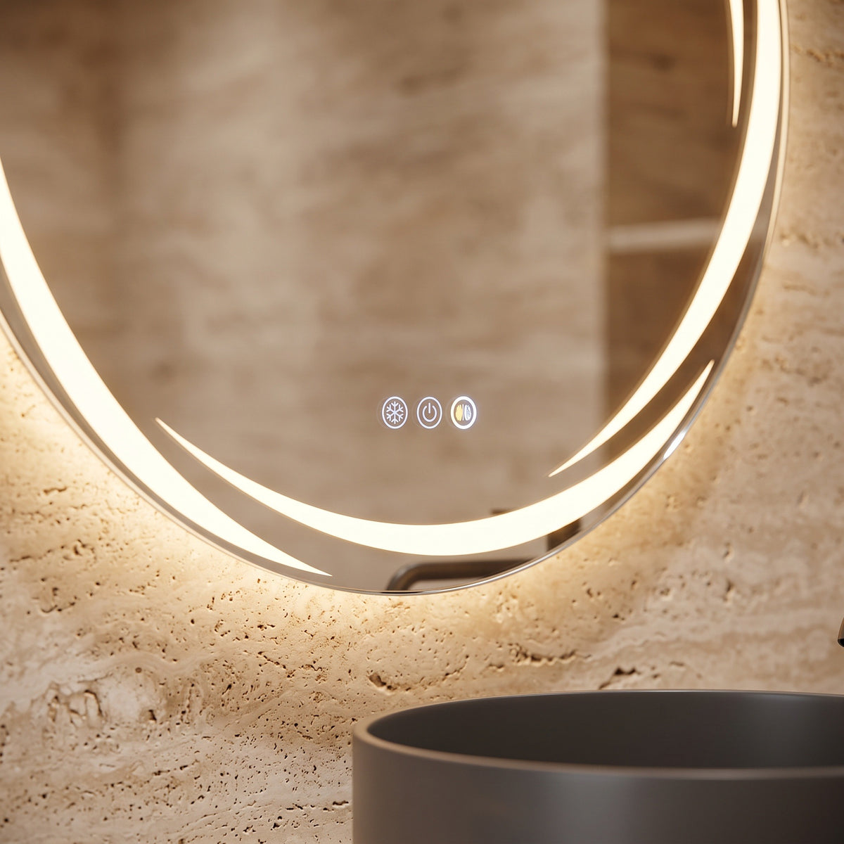 L'Aube, miroir LED rond à arcs lumineux — détail des touches tactiles et du bord