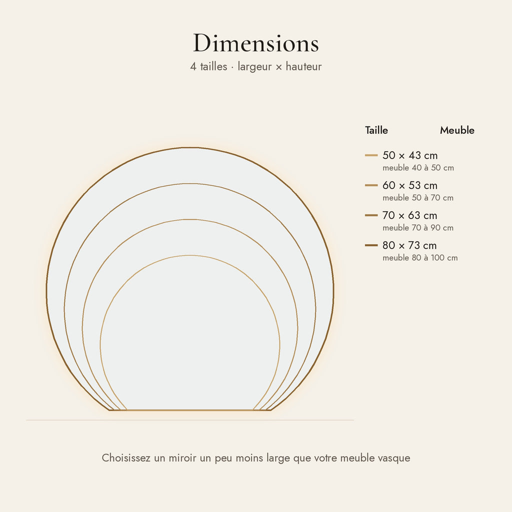 Le Dôme, miroir LED demi-lune doré — dimensions et tailles disponibles