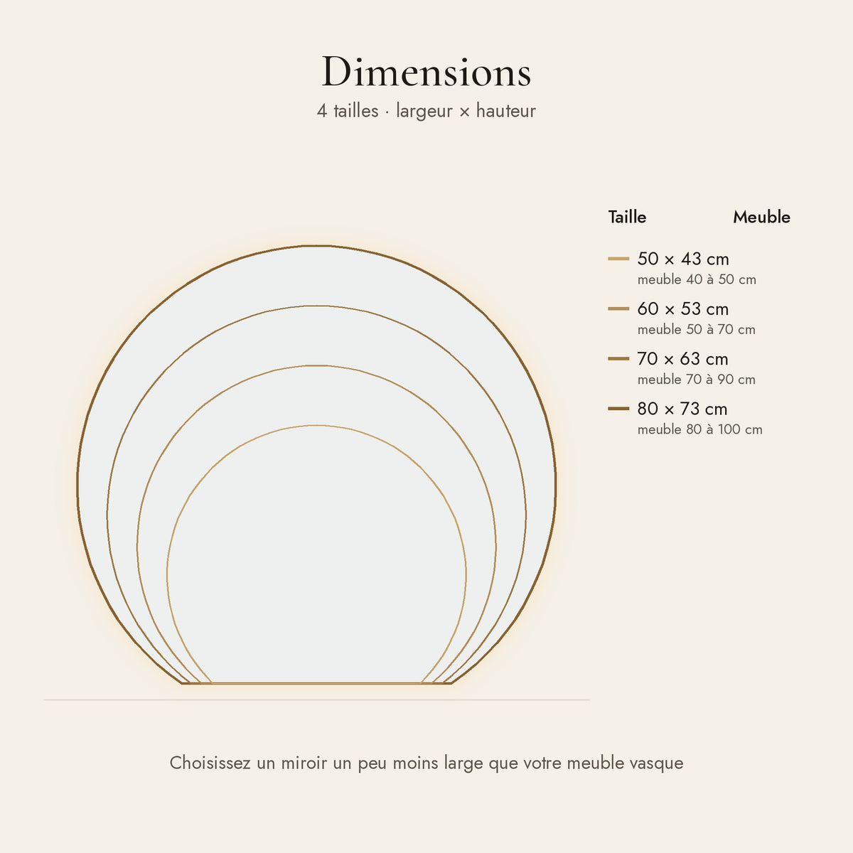 Le Dôme, miroir LED demi-lune doré — dimensions et tailles disponibles